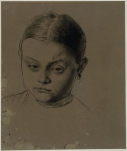 Mädchenkopf en face, mit leicht gesenktem Kopf, Ohrring von Adolph Menzel