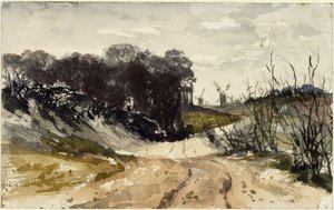 Märkische Landschaft mit Windmühlen im Hintergrund von Adolph Menzel