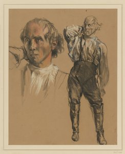 Mann in Hemd, Hosen und hohen Stiefeln, en face stehend, mit der Rechten in den Nacken fassend, Blick nach links, links: größere Kopfstudie von Adolph Menzel