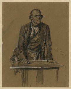 Modellstudie zu Prinz Heinrich von Preußen, Halbfigur en face über einen Tisch gebeugt, "Aus König Friedrichs Zeiten. Kriegs und Friedenshelden", 1856 (zu Bock 1071) von Adolph Menzel