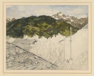 Partenkirchen, Blick auf Gebirge und Bauernhäuser
