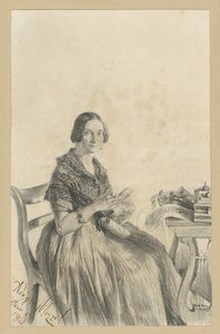 Pauline Martini, geb. Dambke, am Tisch sitzend, Blick dem Betrachter zugewandt von Adolph Menzel