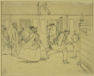 Reisende an der Bahnstation („Für Herren“) von Adolph Menzel
