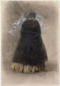 Rückenfigur einer Dame mit Hut und wehendem Schleier von Adolph Menzel