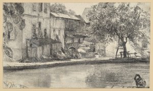 Rückseite einer Häuserreihe und Baum am Wasser von Adolph Menzel