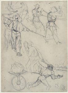 Skizzen von Arbeitern bei verschiedenen Tätigkeiten im Walzwerk. Studie zum "Eisenwalzwerk. Moderne Zyklopen" von Adolph Menzel