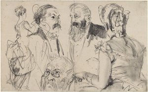 Skizzenblatt mit drei Männerköpfen und zwei weiblichen Rückenfiguren einer vornehmen Gesellschaft von Adolph Menzel