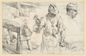 Steinmetz bei der Arbeit, Werkstattbock und Details von Adolph Menzel
