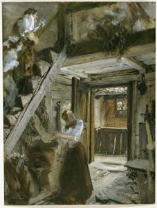 Stiege in einem Bauernhaus mit figürlicher Staffage von Adolph Menzel