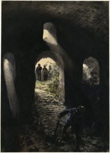 Touristen in der Ruine Rheinfels von Adolph Menzel