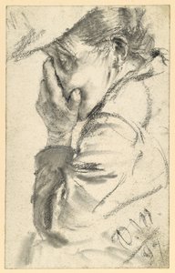 Weinende alte Frau, das Gesicht in die Hand gepresst, Brustbild nach links von Adolph Menzel