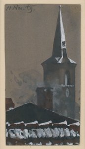 Ziegeldach und Kirchturm, beschneit von Adolph Menzel