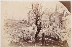 Zwischen den letzten Häusern des Dorfes bricht die Menge hervor, um den fliehenden Adam zu verfolgen, den man mit seinem Stock eilig abziehen sieht, zu Heinrich von Kleist "Der zerbrochene Krug" von Adolph Menzel
