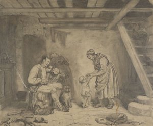 Frau tanzt mit einem Kind zu Geigenmusik von Adolph Tidemand