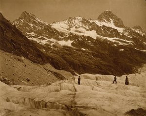 Alpenlandschaft, drei Wanderer auf einem Gletscher, 1860er Jahre