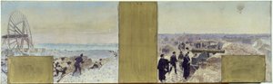 Skizze für das Kabinett des Präfekten des Hôtel de Ville de Paris: Matrosen auf Expedition. Der Ballon über den Schützengräben von Adolphe Gustave Binet