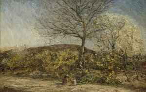 Landschaft mit blühendem Obstgarten