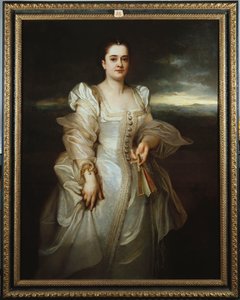 Porträt einer Dame in einem weißen Kleid mit Perlen bestickt von Adolphe Joseph Thomas Monticelli