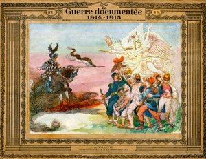 Allegorie des Konflikts: Französische Truppen, geführt von der Siegesgöttin, gehen zum Angriff auf Deutschland, verkörpert durch den Tod zu Pferd von Adolphe Leon Willette