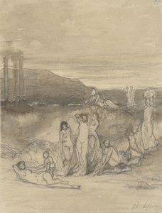 Klassische Landschaft mit liegenden, stehenden und sitzenden nackten Figuren und einer Tempelruine von Adolphe René Lefèvre