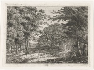 Landschaft mit Kapelle zwischen Bäumen und lesendem Mönch von Adriaan Jacob Willem van Dielen