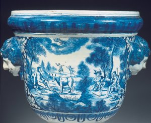 Rückseitendetail der großen Delfter blau-weißen mythologischen Gartenurne im Barockstil, ca. 1700
