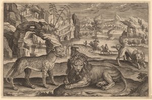 Ein Leopard und zwei Löwen von Adriaen Collaert