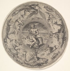 Arion auf einem Delphin umgeben von einem mit Meereskreaturen verzierten Rand, aus einem Set von..., 1580-1600 von Adriaen Collaert