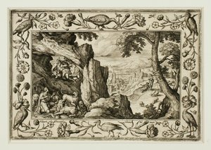 Daniel in der Löwengrube, aus Landschaften mit alten und neuen Testamentsszenen und Jagdszenen von Adriaen Collaert