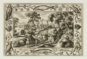 Hirschjagd, aus Landschaften mit Szenen aus dem Alten und Neuen Testament und Jagdszenen