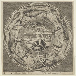 Entwurf für einen Teller mit Galatea auf einer Muschel flankiert von Trompetern in einem Medaillonrand, ca. 1600