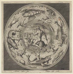 Entwurf für einen Teller mit Neptun in einer von Pferden gezogenen Muschel in einem Medaillon, um 1600 von Adriaen Collaert