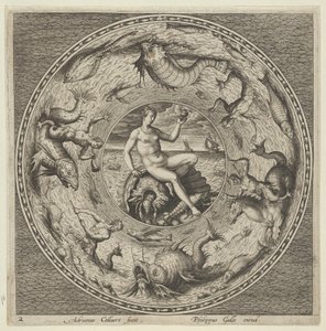 Entwurf für einen Teller mit Thetis auf einer Muschel in einem Medaillon, umgeben von Seeungeheuern, ca. 1600