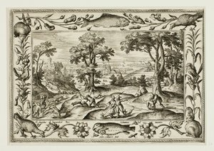 Hasenjagd, aus Landschaften mit Szenen aus dem Alten und Neuen Testament und Jagdszenen