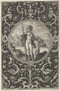 Minerva in einem dekorativen Rahmen mit Grotesken, aus dem Urteil des Paris, ca. 1580-1600 von Adriaen Collaert