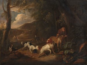 Jäger mit Hunden am Waldrand