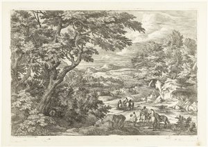 Landschaft mit Jägern auf dem Heimweg, in der Ferne ein Schloss (Landschappen met jagers) von Adriaen Frans Boudewyns