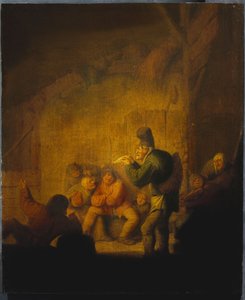 Scheuneninneres mit einem Narren, der seine Gefährten unterhält von Adriaen Jansz. van Ostade