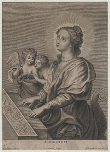 Heilige Cäcilia spielt die Orgel mit zwei Putti links, ca. 1654-77 von Adriaen Lommelin