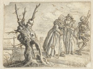 Älterer Mann und Frau folgen freiwillig dem Tod, der Dudelsack spielt von Adriaen Pietersz van de Venne