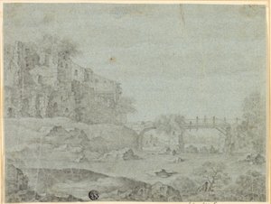 Ruinen mit Blick auf Fluss mit Brücke von Adriaen Pietersz. van de Venne