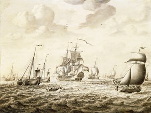 Ein niederländisches Kriegsschiff feuert einen Salut - ein Penschilderij von Adriaen van Salm