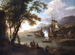 Ein Capriccio eines Mittelmeerhafens mit Schiffen, Kaufleuten und Hafenarbeitern