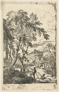 Bergige Landschaft mit Bäumen und Mann mit Hund