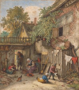 Innenhof mit einer Frau, die Muscheln säubert von Adriaen van Ostade