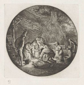 Bauernfamilie beim Schlachten eines Schweins
