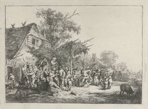 Tanzende Bauern vor einem Gasthaus