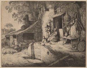 Bauernhof mit einer Bauernfamilie vor der Haustür, die Frau beim Spinnen von Adriaen van Ostade