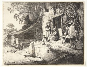 Frau, die vor einem Bauernhaus spinnt von Adriaen van Ostade