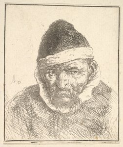 Alter Mann mit weißem Kragen und spitzem Hut von Adriaen van Ostade